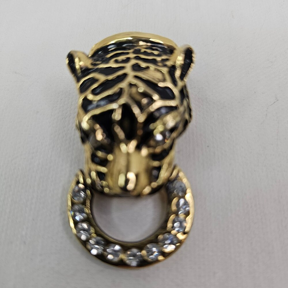 Gold Tone Tiger Panther Brooch Clear Rhinestone Black Enamel Pendant